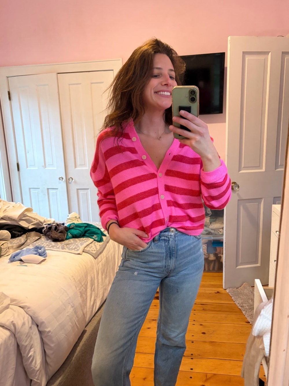 Joy Lab Pink Red Striped Cardigan XS Preppy Barbiecore Lightweight Sweater